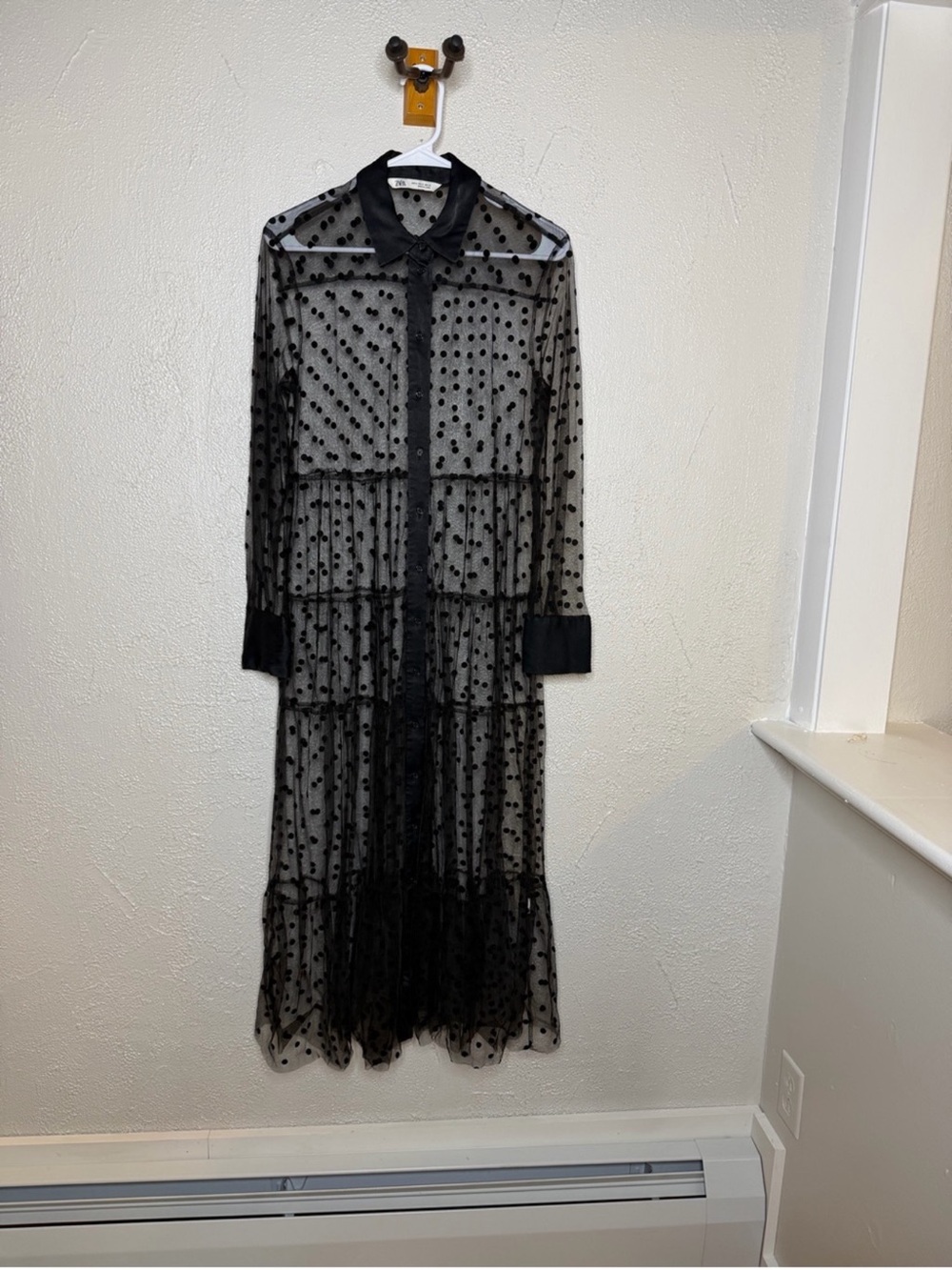 Zara Black Sheer Polka-Dot Tiered Maxi Shirt Dress